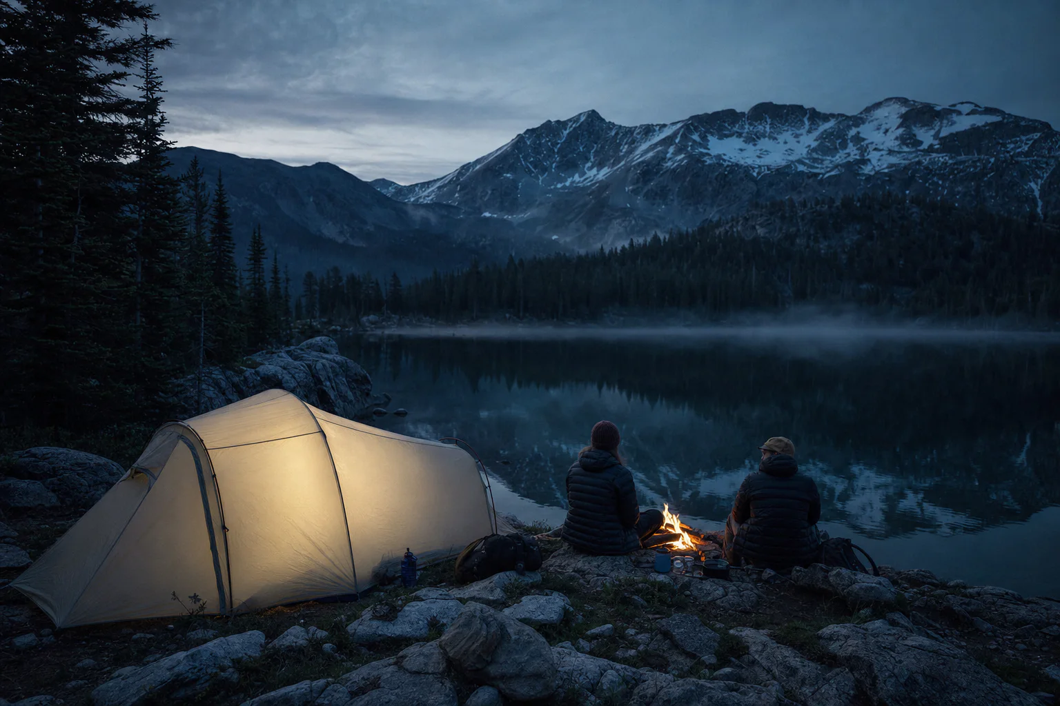 A warm expedition tent beside a misty alpine lake
