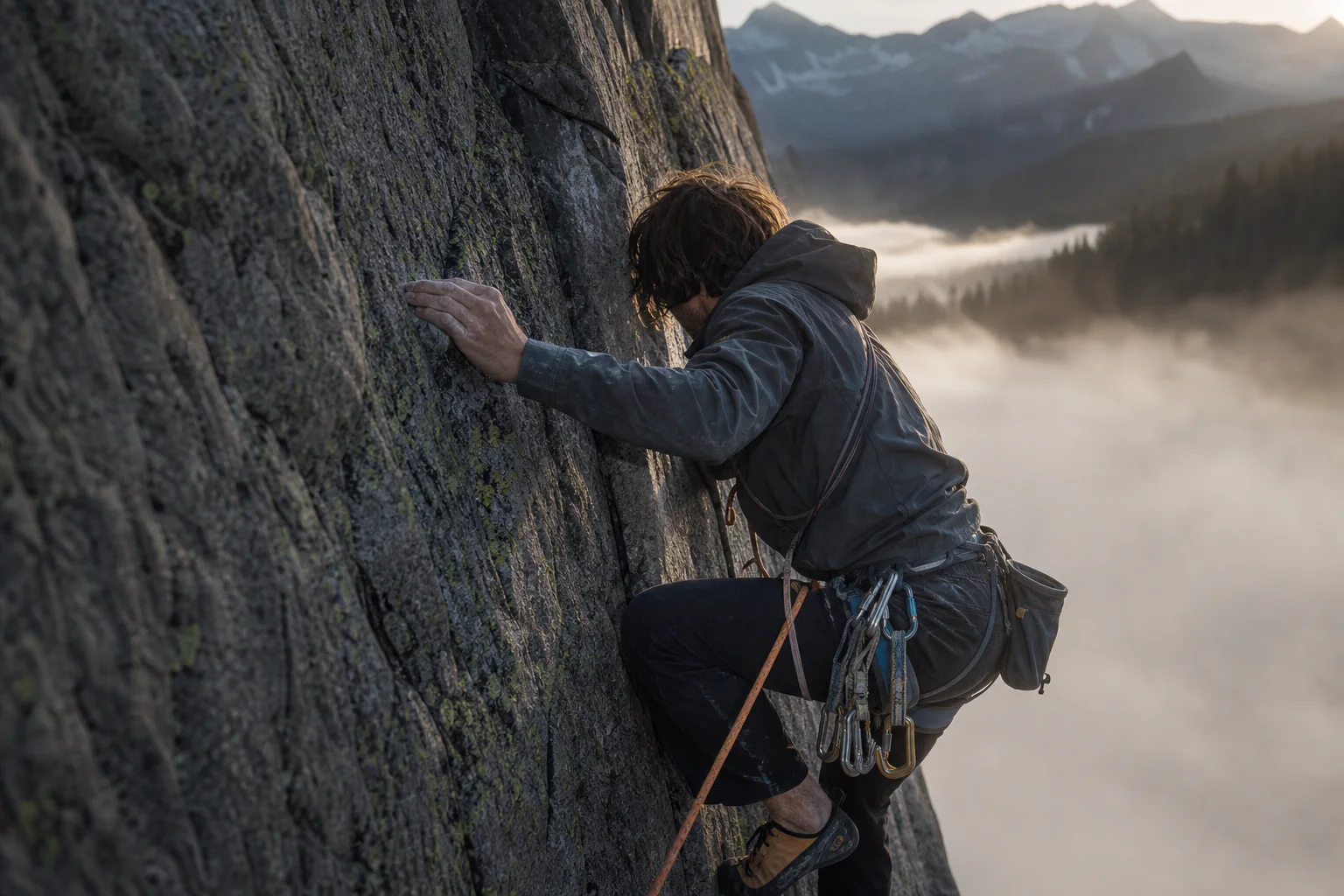 Climber moving across a granite mountain face